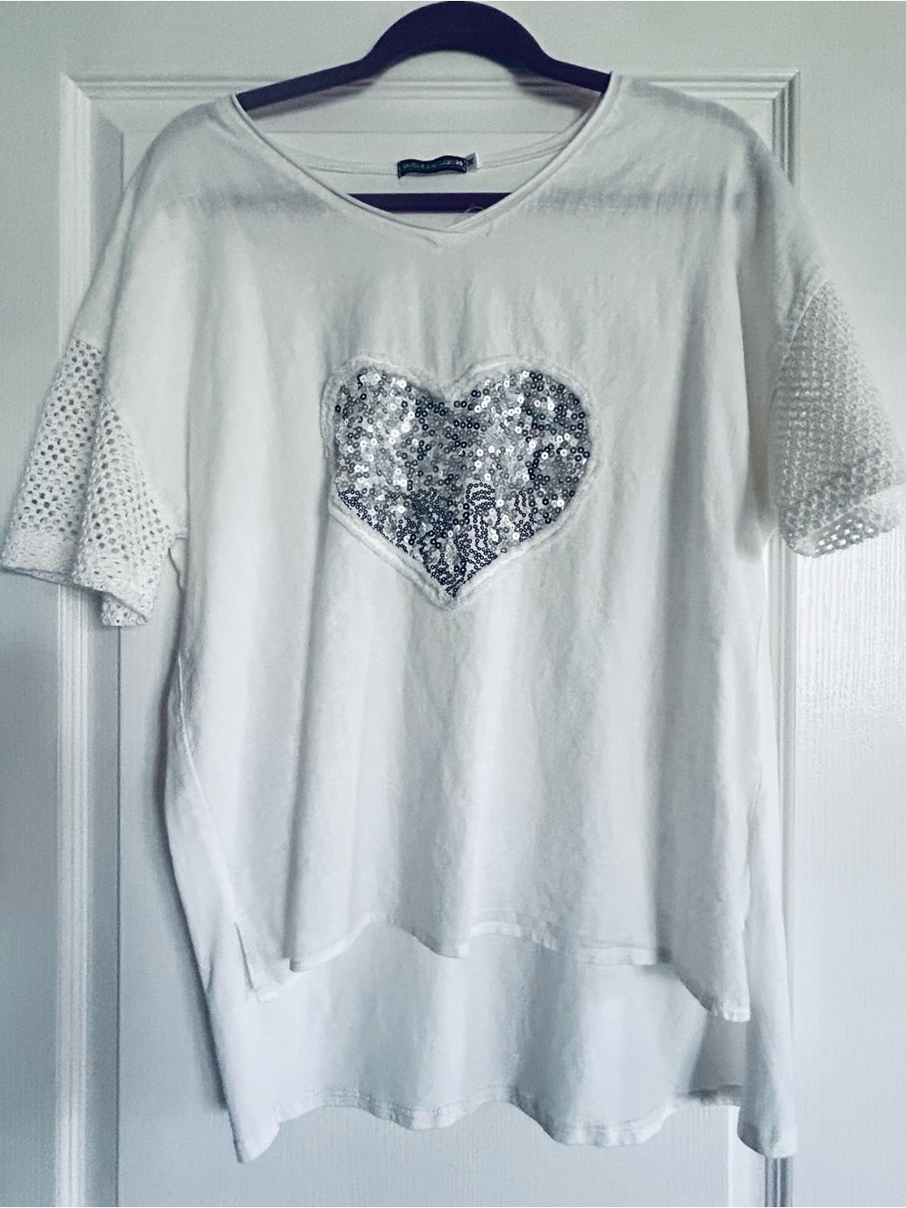 White Short Sleeve Top with Silver Sequin Heart linen cotton blend
